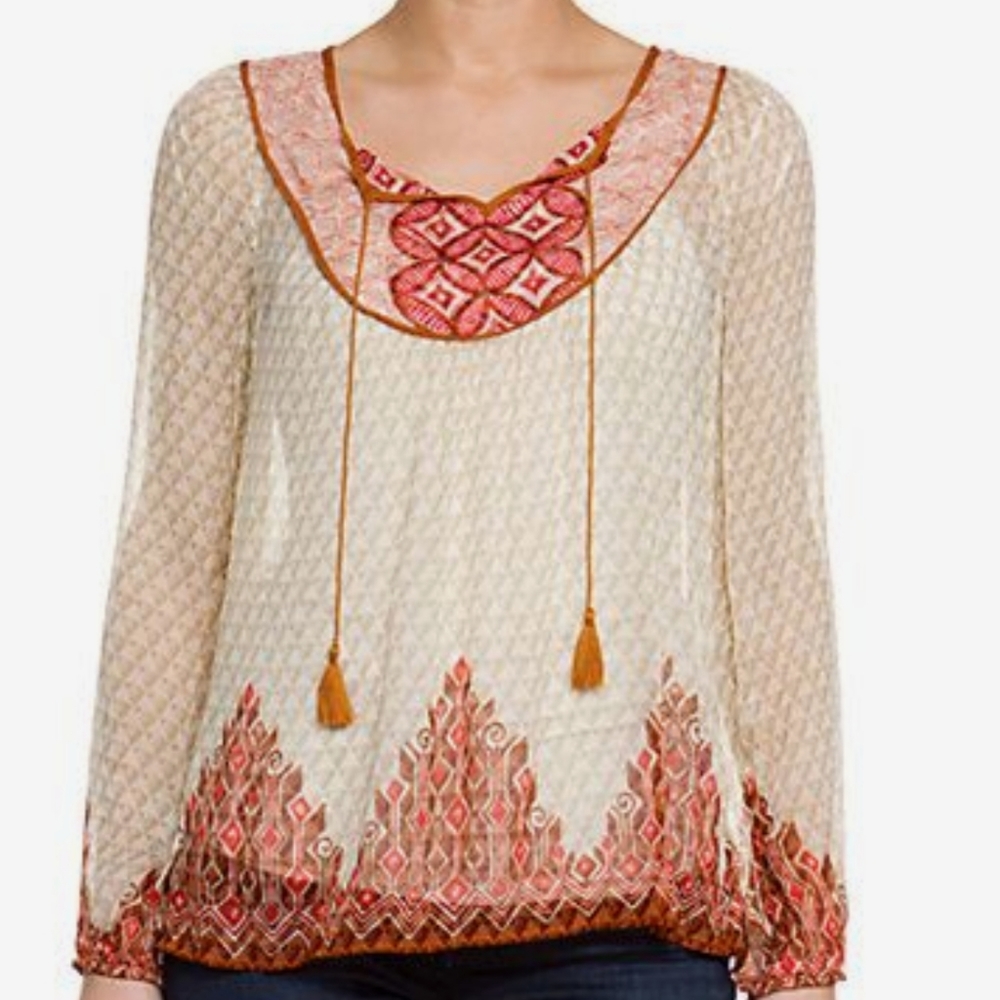 Rose & Olive Rust & Beige Geo Sheer Tassel Tie Peasant Blouse Size Large